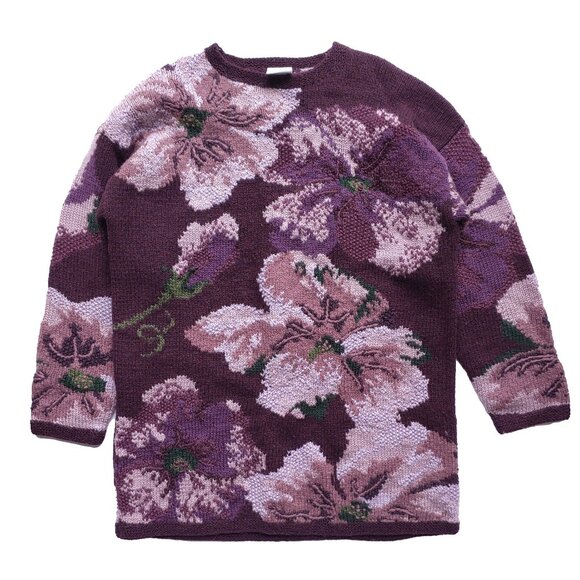 Laura Ashley 90s Style Sweater Wool Intarsia Royal Purple Floral Oversize Top - Picture 1 of 6